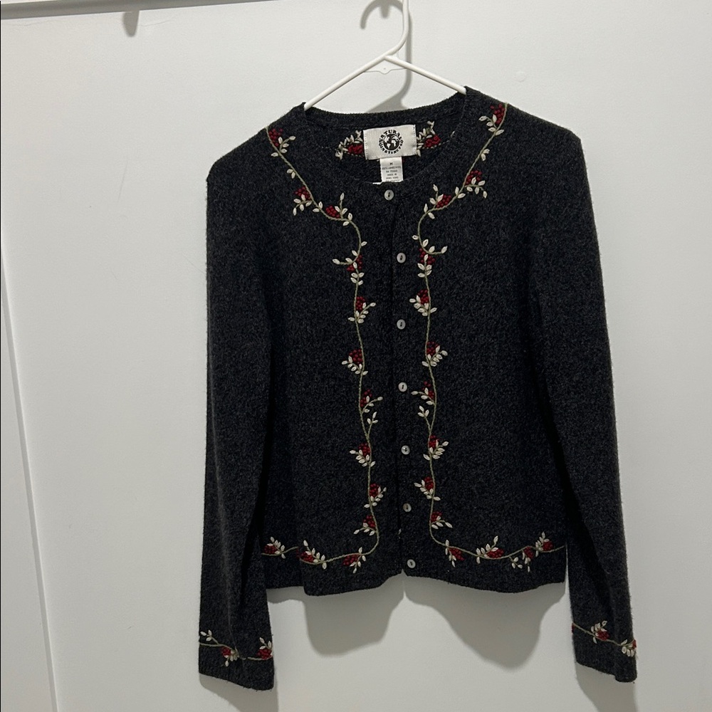 Charcoal gray Cardigan poinsettias & Holly berry Embroidery size M GUC